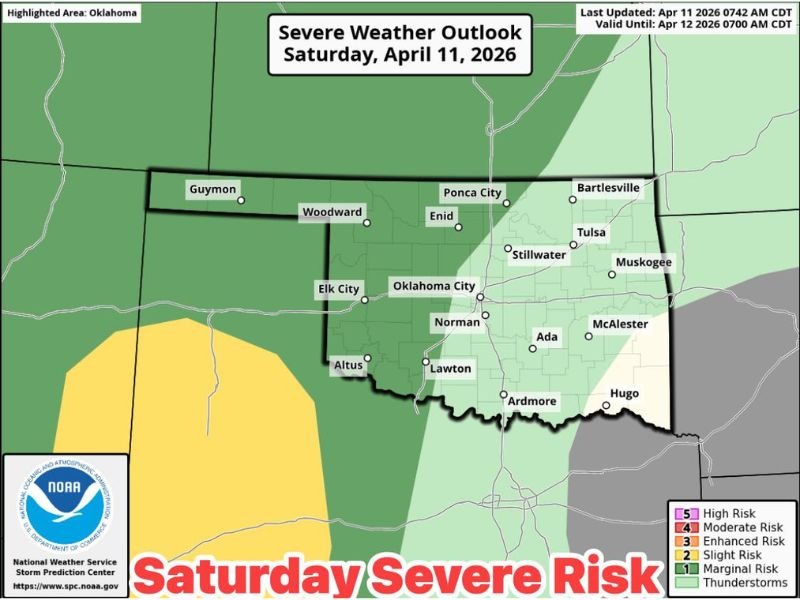 Severe Storm Risk Rises Saturday Evening Across Oklahoma Bringing Large Hail, Damaging Winds and Isolated Tornado Threat From Texas Panhandle Into Western Oklahoma