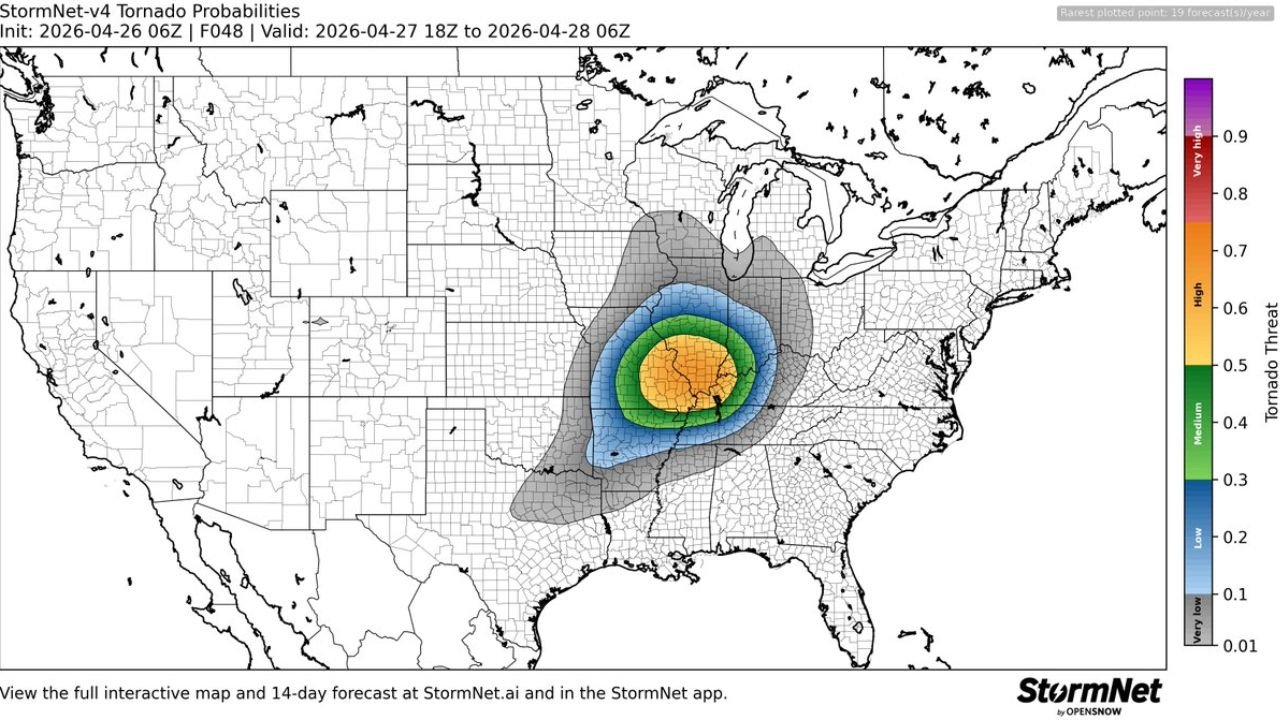 Tornado Probability Surges for Monday, April 27 Across the Central U.S.: StormNet Model Sounds the Alarm